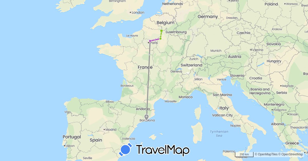 TravelMap itinerary: plane, train, electric vehicle in Spain, France (Europe)